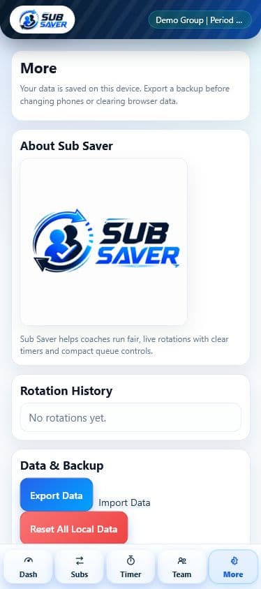 Sub Saver dashboard showing team and rotation controls