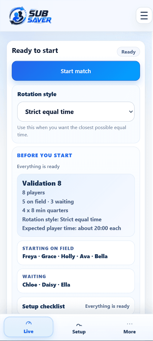 Sub Saver live match screen with current period, timer, and next change