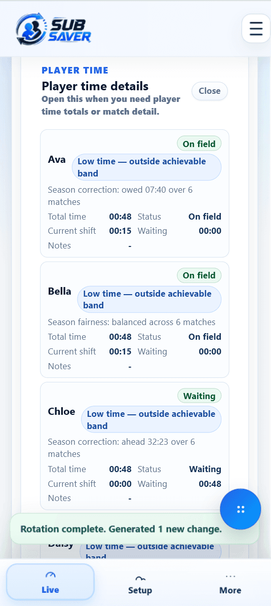 Sub Saver player time record screen showing match history and rotation detail