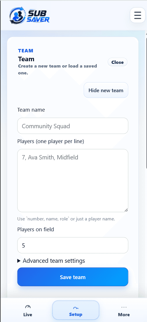 Sub Saver setup screen showing the team before the match starts